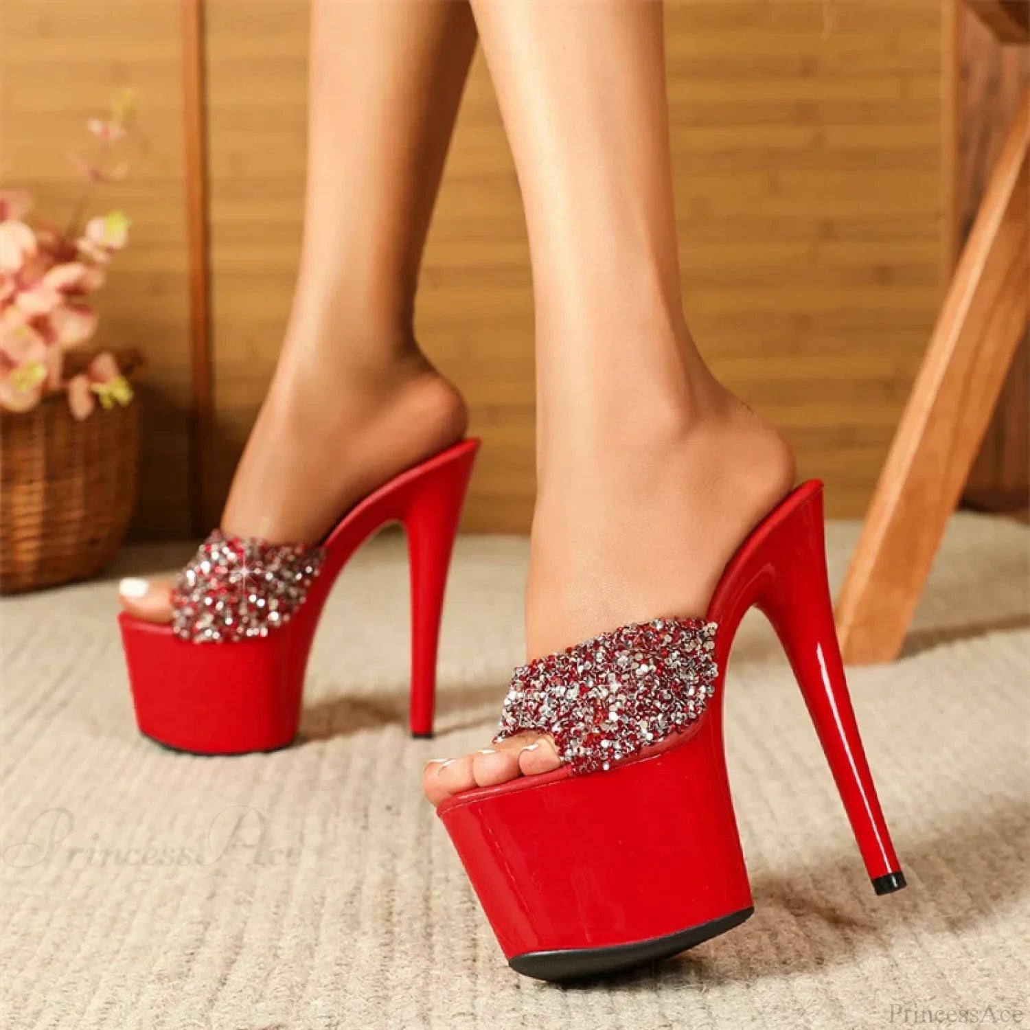 Black Red Sequined Transparent Platform Peep-Toe Sexyfashionable Slippers Stripper High Heel