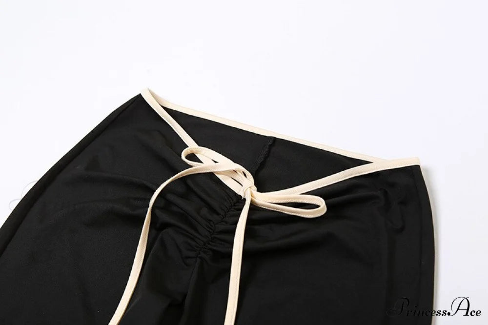 Black Ribbon Tie-Up Top Graceful And Pants Two Piece Set