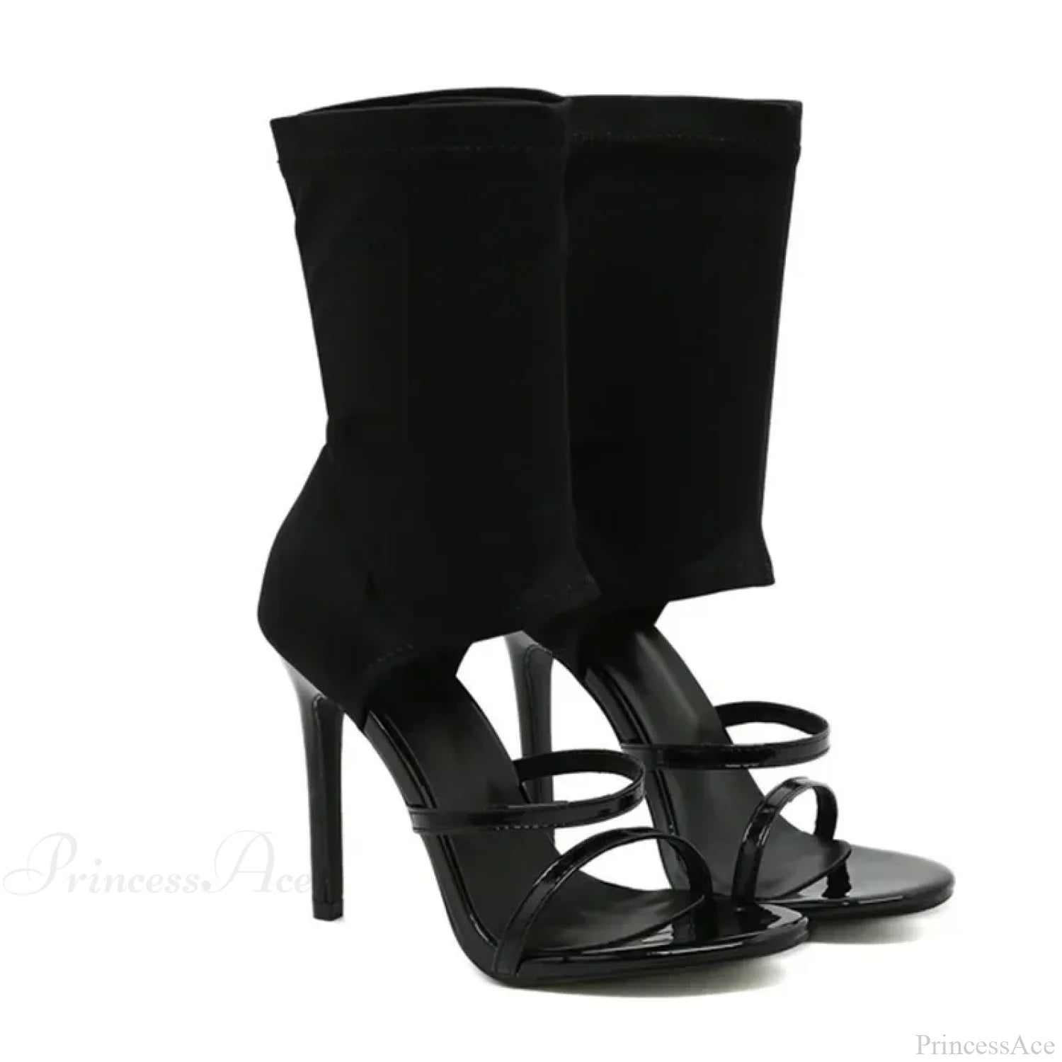 Black Roman Elastic Fabric Sexy Peep Toe Slip-On Thin High Heel Mid Calf Cool Booties Modern
