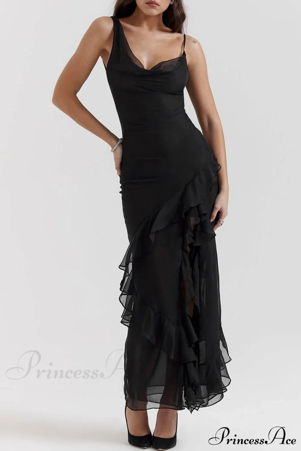 Black Ruffle Stylish Maxi Dress Dresses