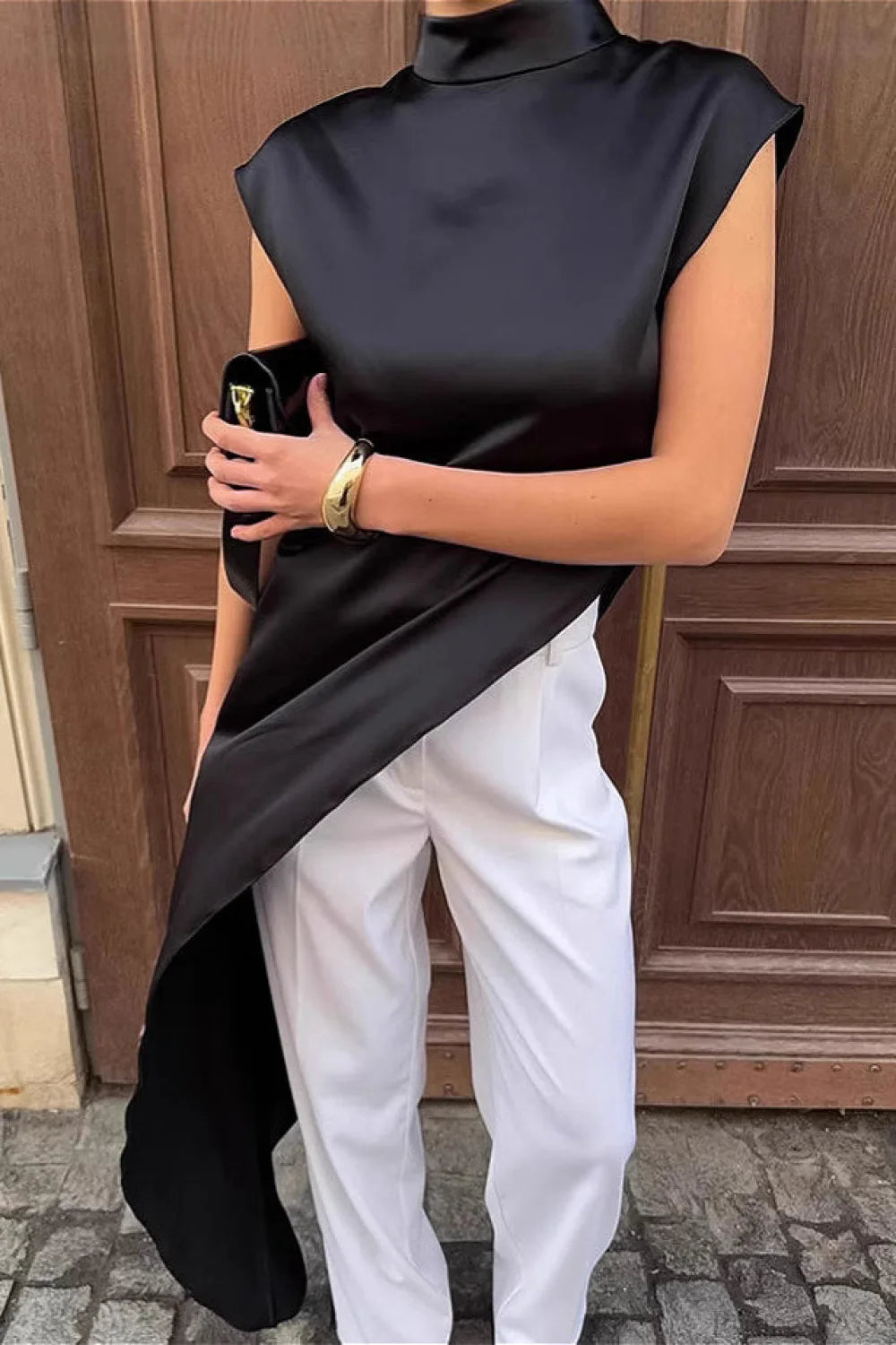 Black Satin Asymmetrical Layered Blouse