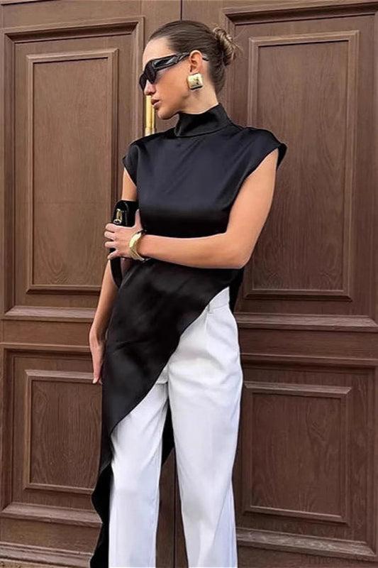Black Satin Asymmetrical Layered Blouse Black / S