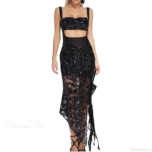 Black Sequins Spaghetti Strap Party Dress Partydress-241208