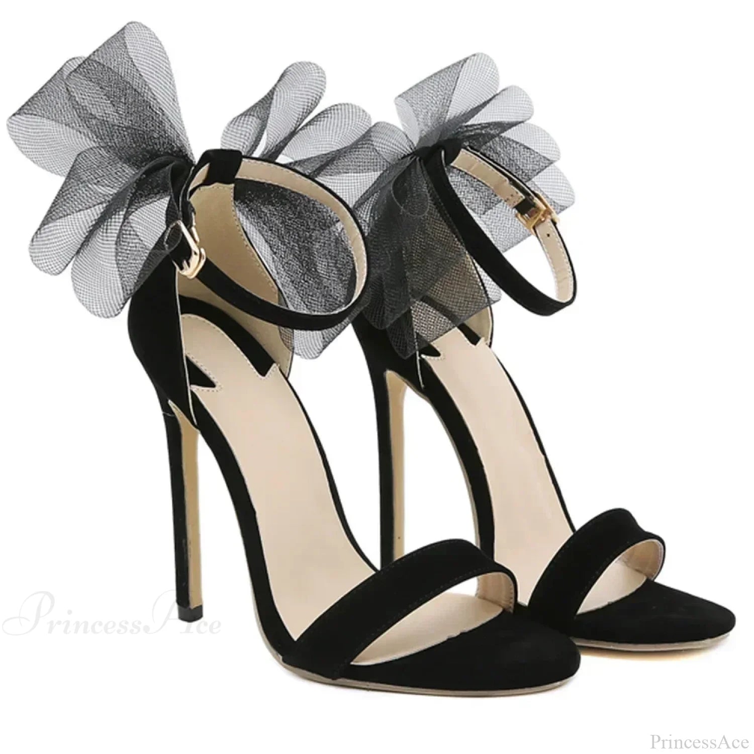 Black Sexy Mesh Butterfly-Knot Decoration One Word Peep Toebuckle Strap Cover Heel Thin High Heeled