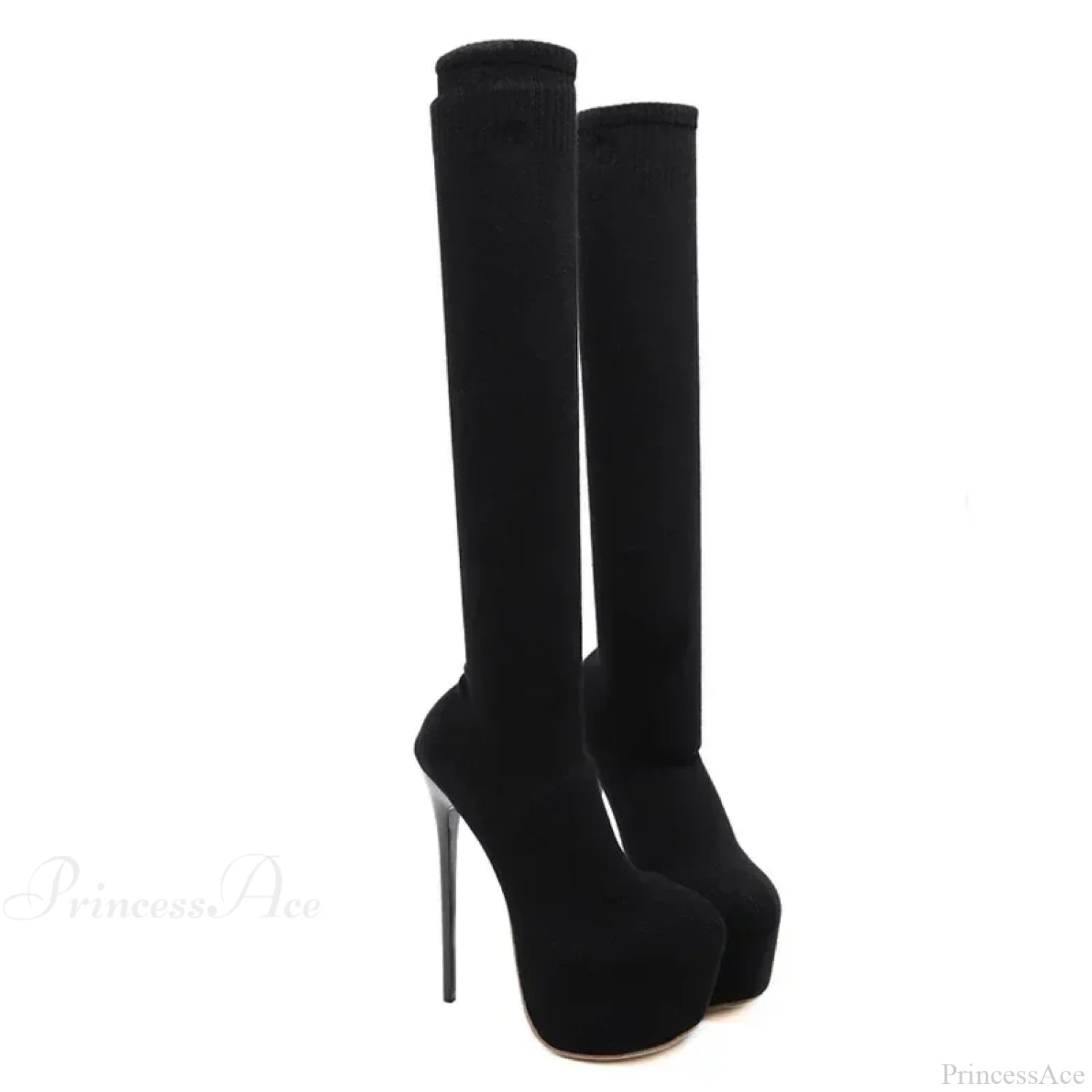 Black Sexy Thigh High Long Socks Boots Pointed Toe 16Cm Heels Platform Slim Elastic Heel