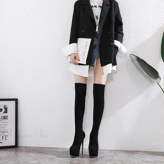 Black Sexy Thigh High Long Socks Boots Pointed Toe 16Cm Heels Platform Slim Elastic Heel / 35