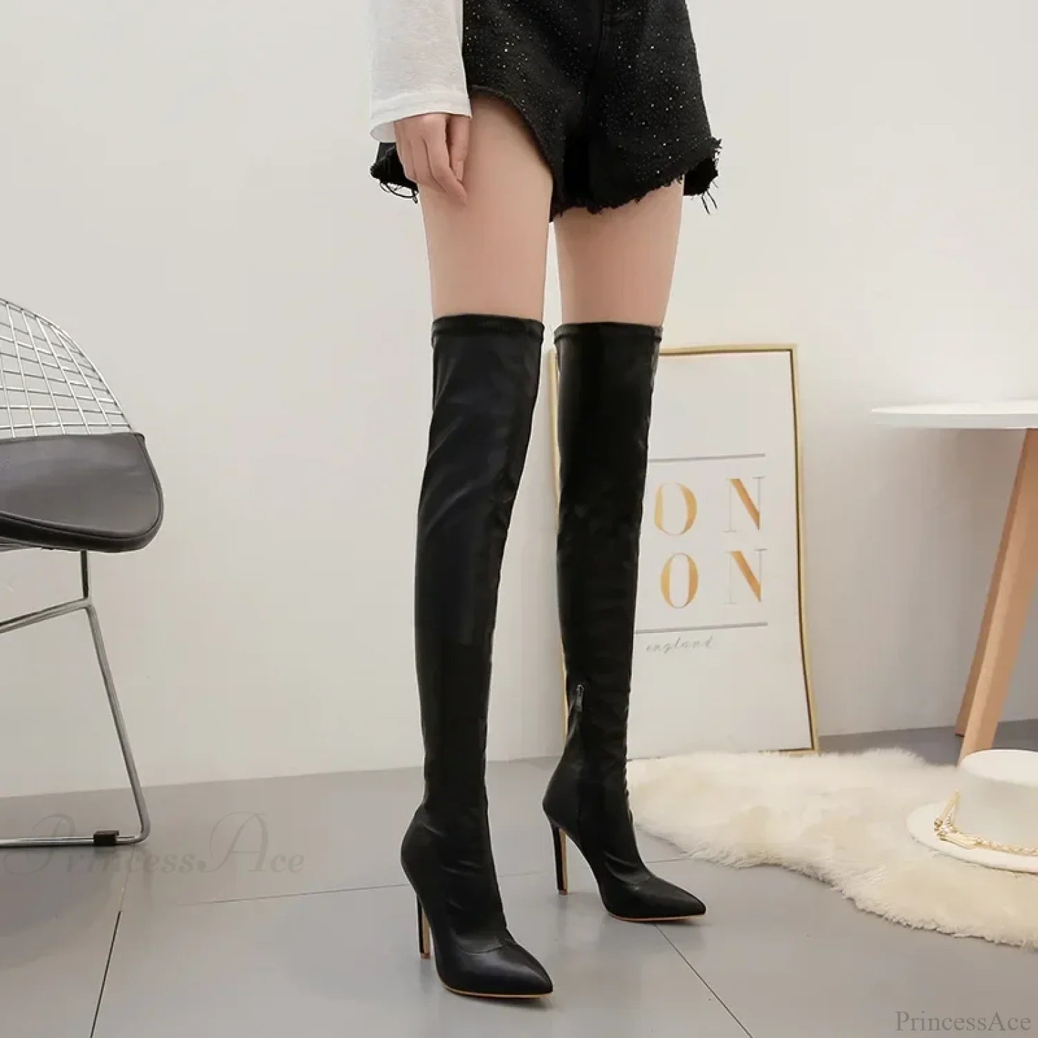 Black Sexy Thigh High Over The Knee Leather Boots Pointed Toe 11.5Cm Heels Stiletto Club Heel