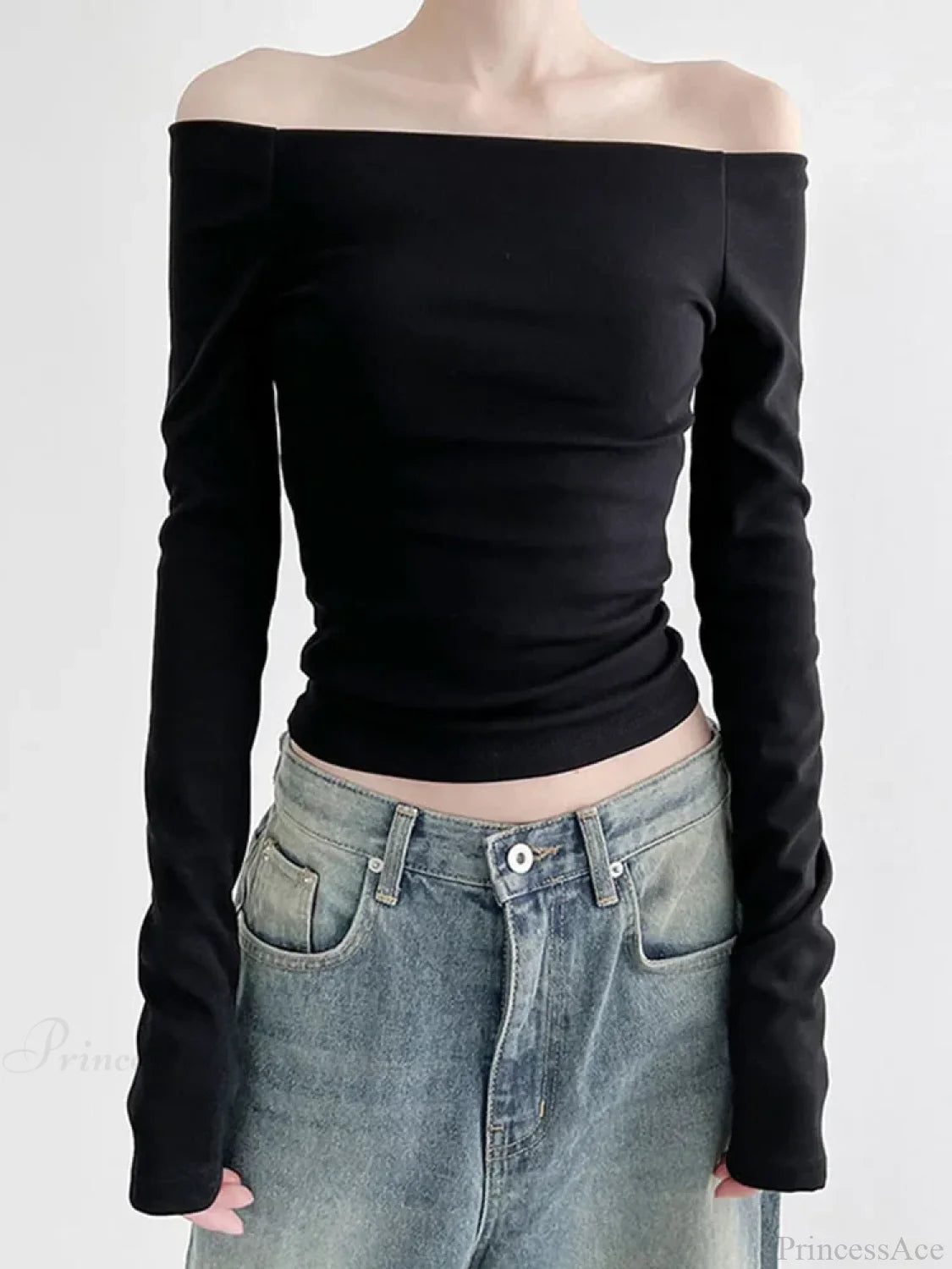 Black Slash Neck Elegant Long Sleeve Slim Knit Top Black / S knittop-250126