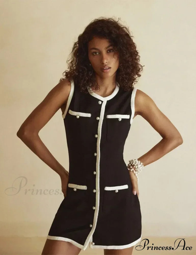 Black Sleeveless Contrast Charming Buttoned Mini Dress Dress
