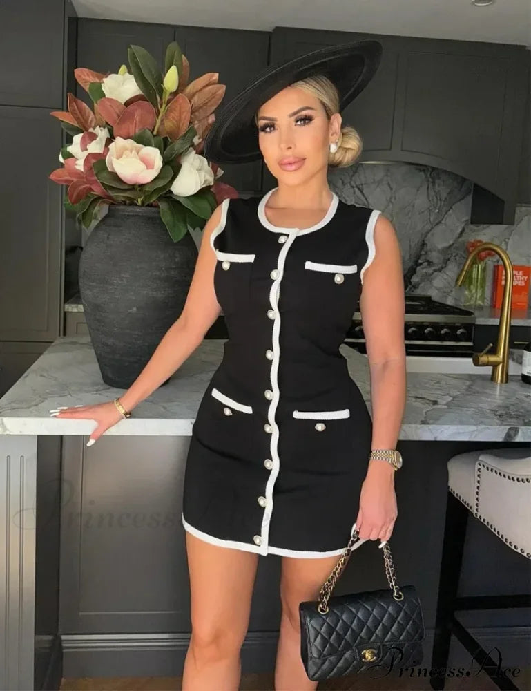 Black Sleeveless Contrast Charming Buttoned Mini Dress Dress