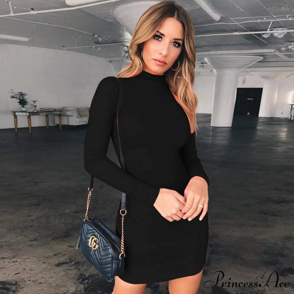 Black Slim Fit High Neck Mini Dress S / White