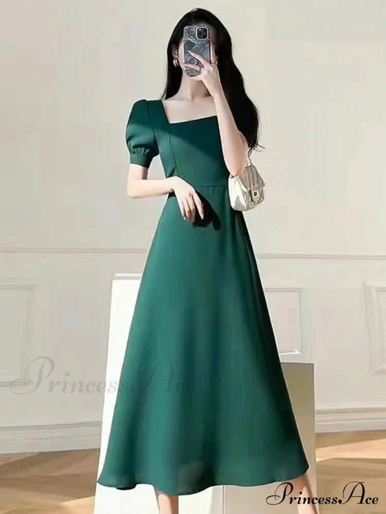 Black Square Neck Tea Length Dress M / Green Satin Square Midi Dress