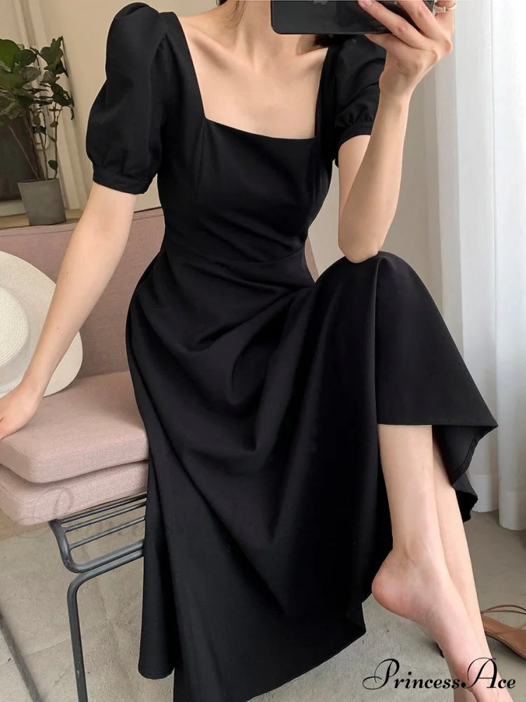 Black Square Neck Tea Length Dress S / Green Satin Square Midi Dress