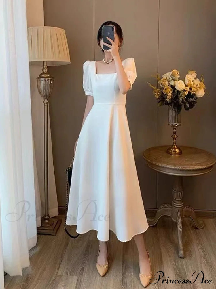 Black Square Neck Tea Length Dress S / Satin Square Midi Dress