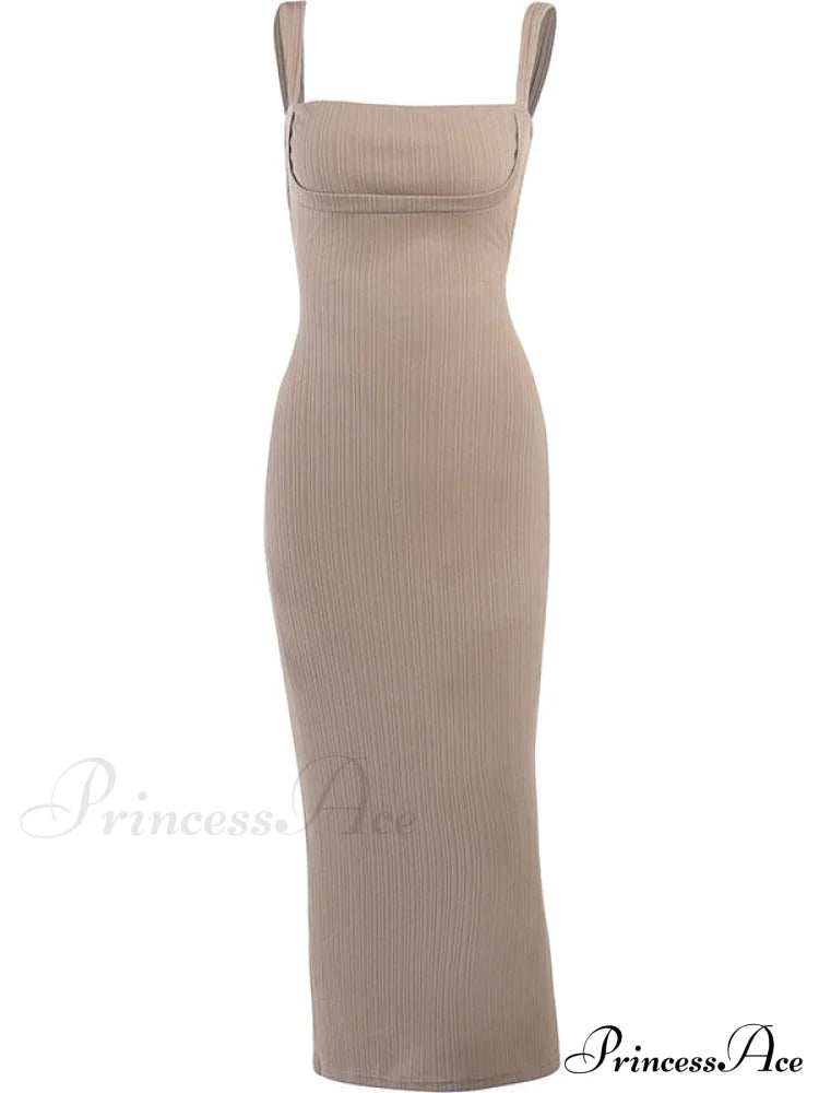 Black Tank Long Bodycon Dress With Tie Back M / Khaki Bodycon Dress