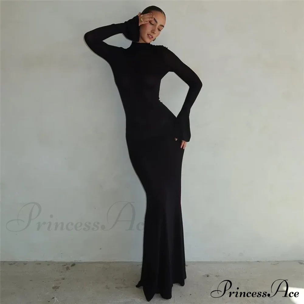 Black Turtleneck Backless Maxi For Women Elegant Evening Trumpet Sleeves 2024 Autumn Bodycon Long