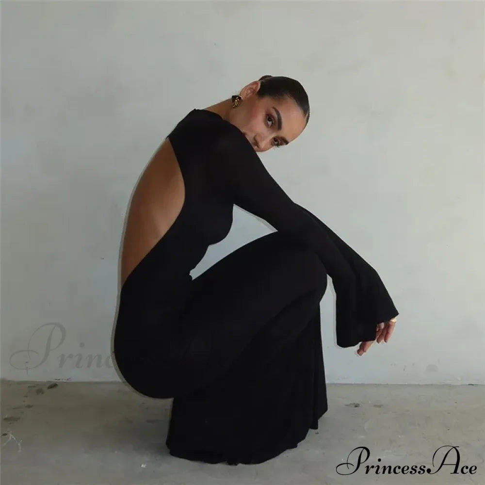 Black Turtleneck Backless Maxi For Women Elegant Evening Trumpet Sleeves 2024 Autumn Bodycon Long