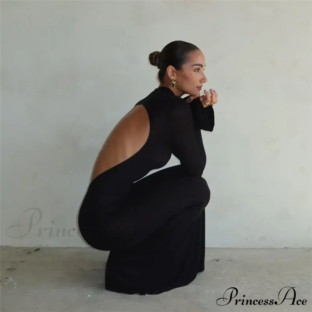 Black Turtleneck Backless Maxi For Women Elegant Evening Trumpet Sleeves 2024 Autumn Bodycon Long