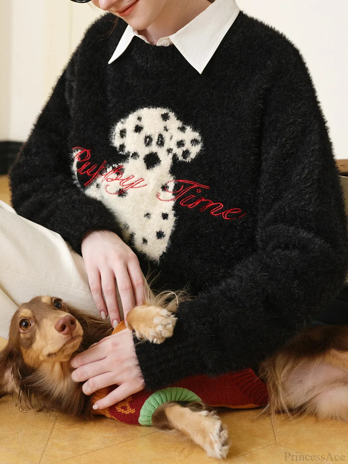 Black White Contrast Dalmatian Embroidered Sweater