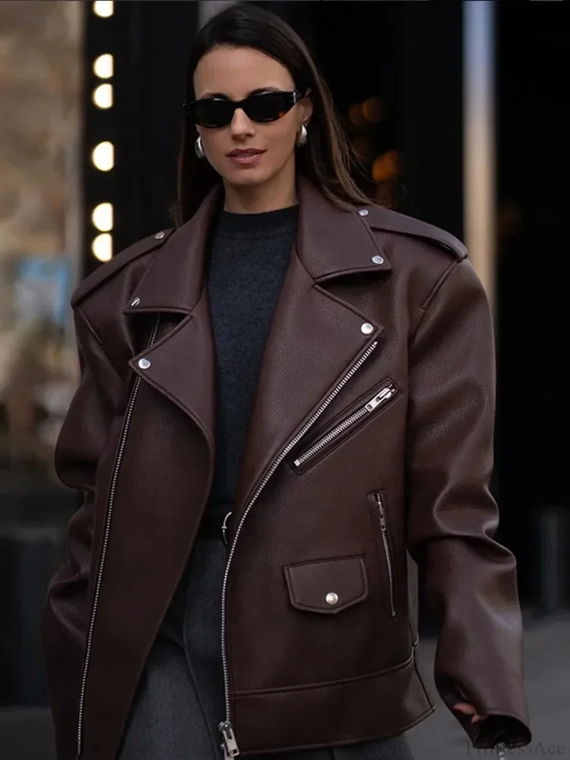 Black Zippers Oversized Leather Coat Brown / S