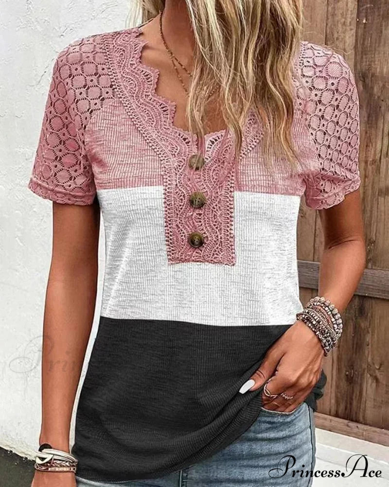 Color block lace T-shirt Pink 23BF clothes Short Sleeve Tops Spring Summer T-shirts Tops/Blouses