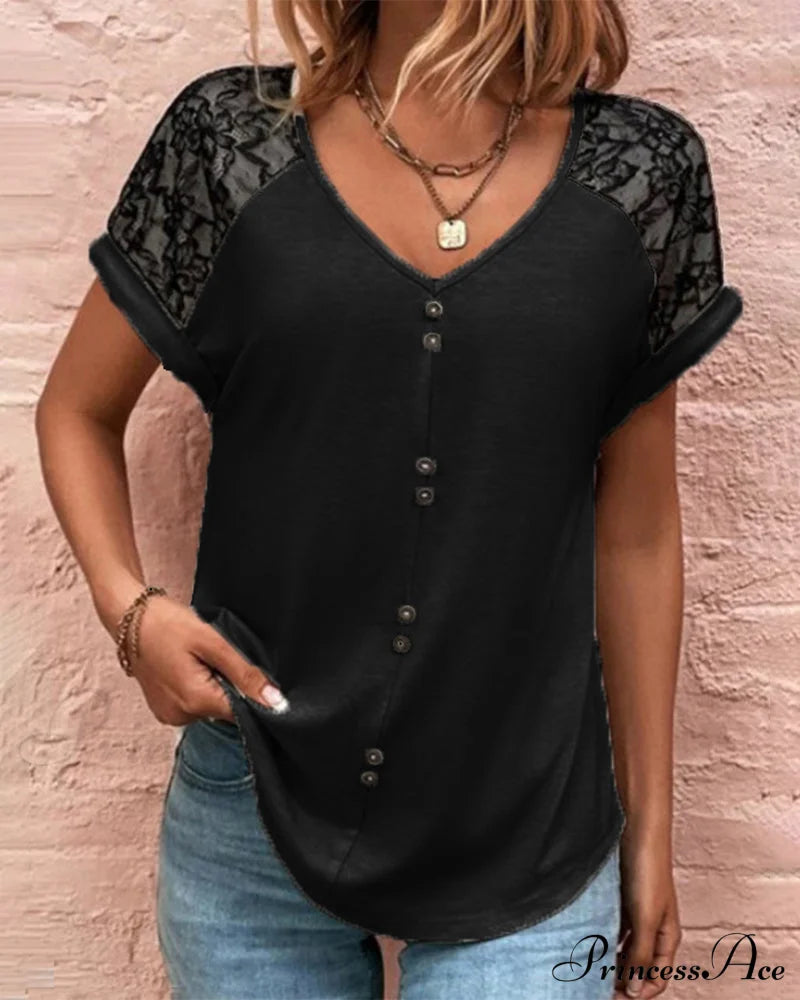 V-neck Lace Color Block T-shirt Black 23BF clothes Short Sleeve Tops Summer T-shirts Tops/Blouses
