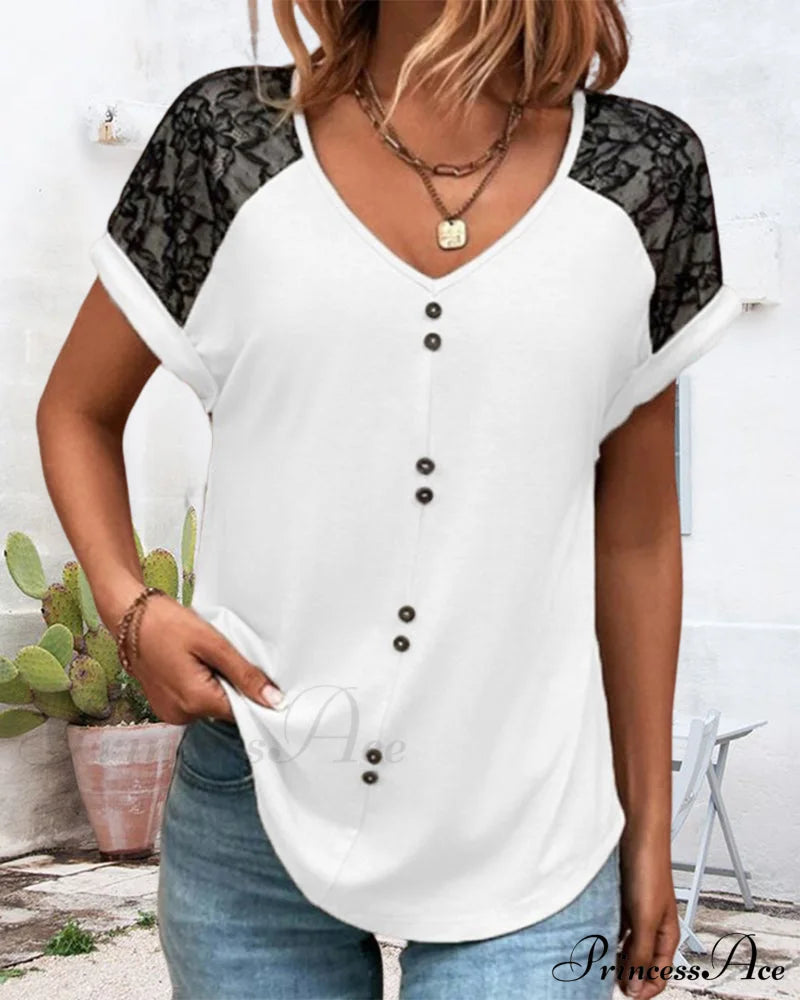 Block Color V-Neck Lace Tee T-Shirts