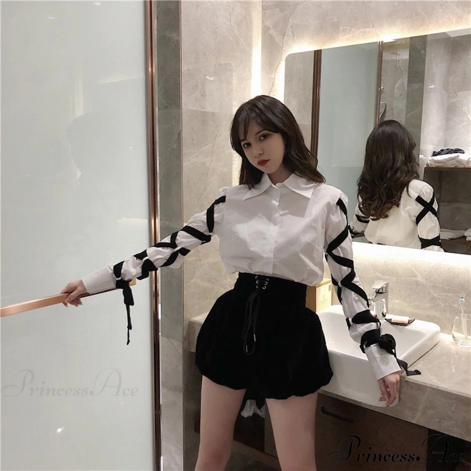 Blous Top Womens Spring Long Ribbons Arm Casual Black Stitching Office Blouse Lady