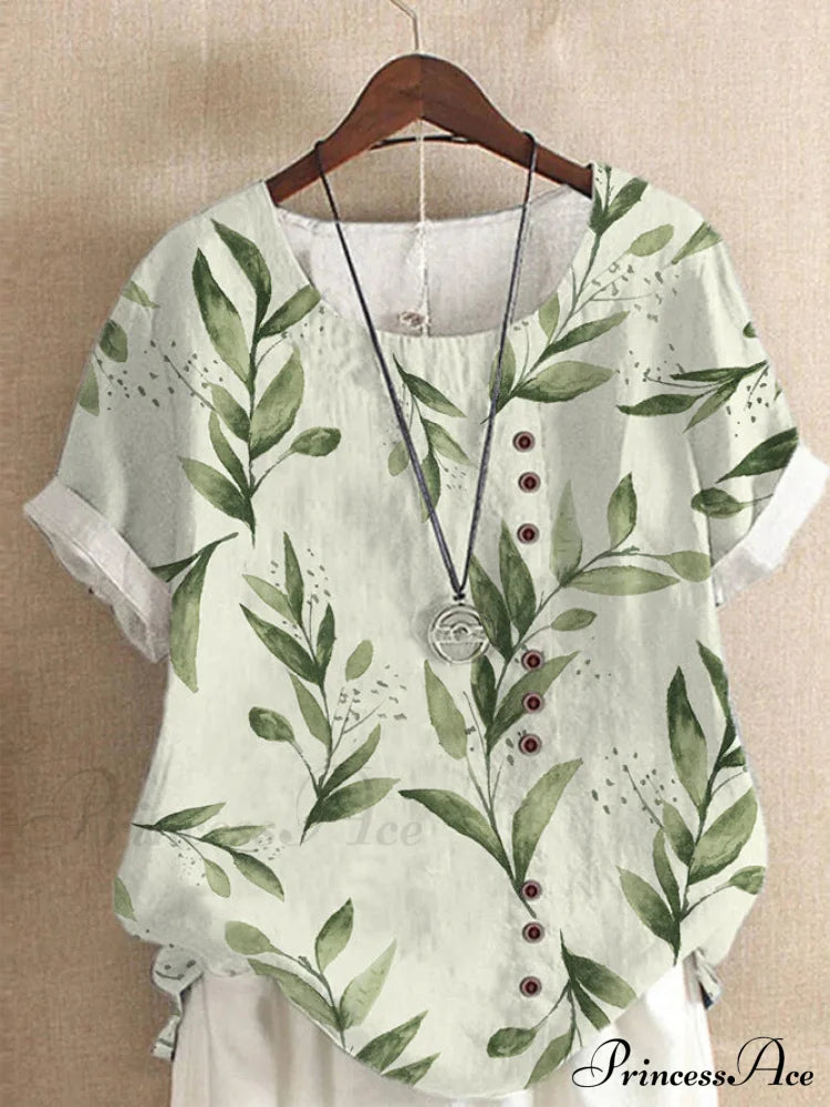 Blouse Casual For Fashion Loose Patterned Short-Sleeved Retro Summer Bamboo Leaf 9 / S Blouses