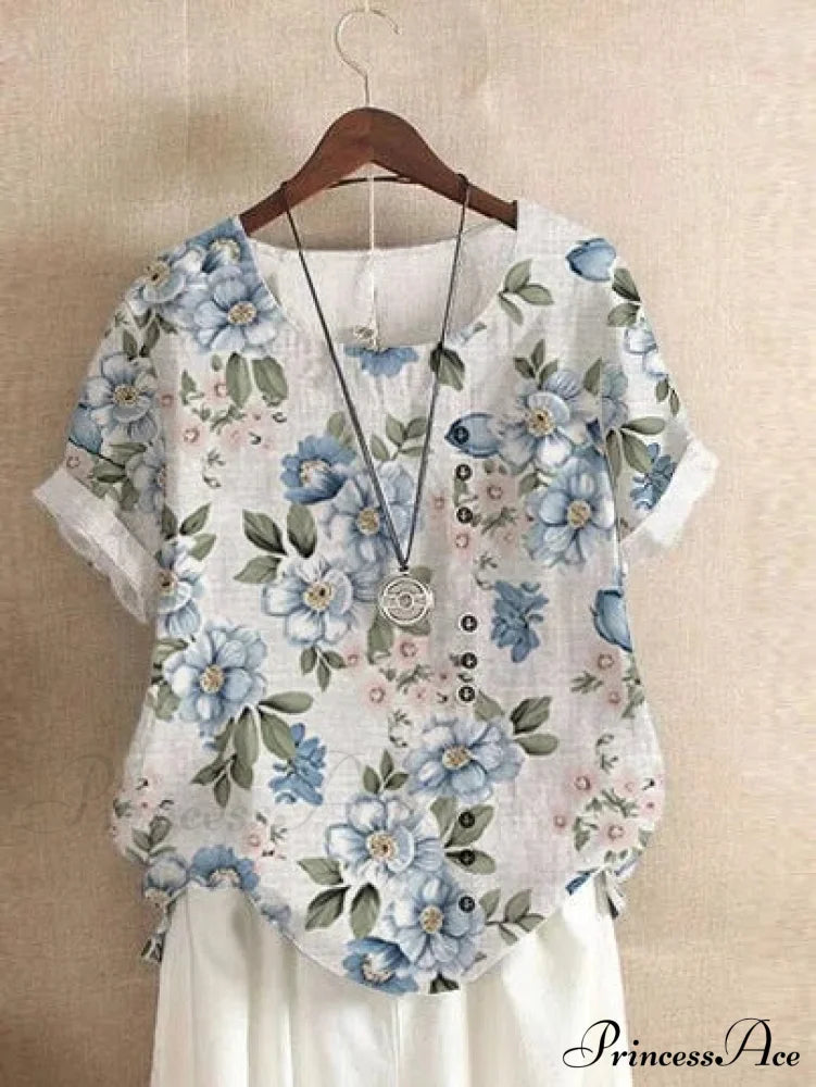 Blouse Casual For Fashion Loose Patterned Short-Sleeved Retro Summer Blouses