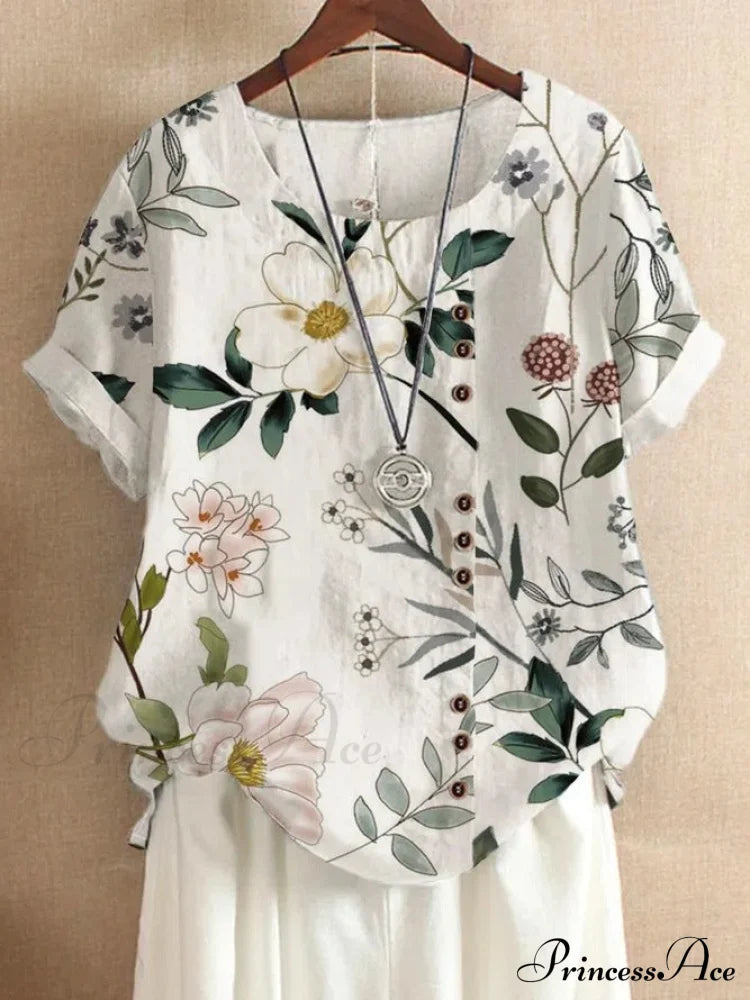 Blouse Casual For Fashion Loose Patterned Short-Sleeved Retro Summer Blouses