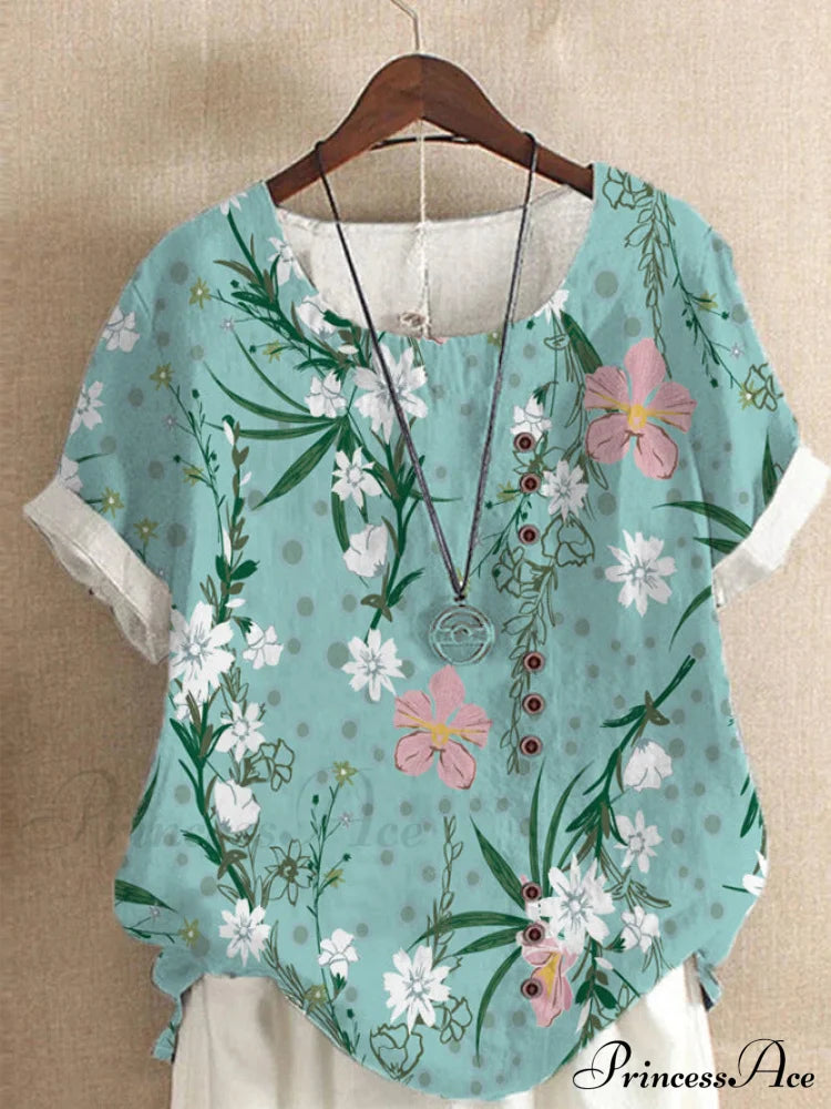 Blouse Casual For Fashion Loose Patterned Short-Sleeved Retro Summer Blouses