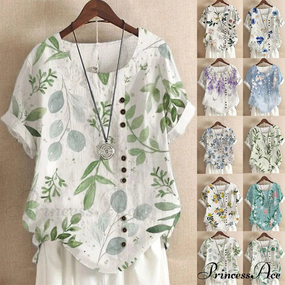 Blouse Casual For Fashion Loose Patterned Short-Sleeved Retro Summer Blouses