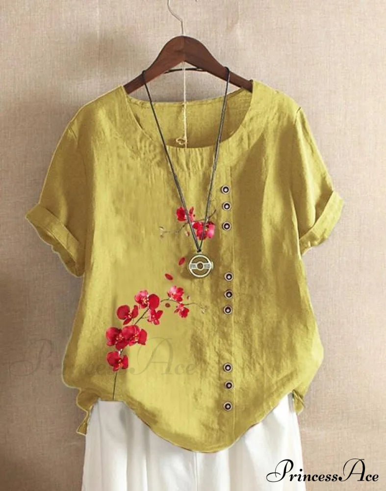 Blouse Casual For Fashion Loose Patterned Short-Sleeved Retro Summer Blouses