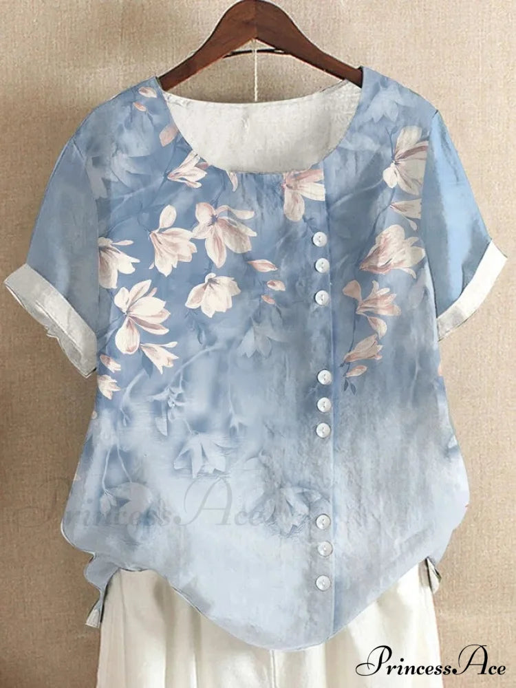 Blouse Casual For Fashion Loose Patterned Short-Sleeved Retro Summer Flower 1 / S Blouses