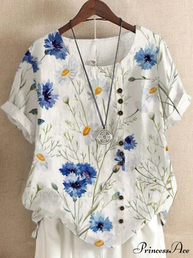Blouse Casual For Fashion Loose Patterned Short-Sleeved Retro Summer Flower 3 / S Blouses