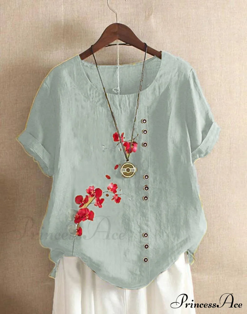 Blouse Casual For Fashion Loose Patterned Short-Sleeved Retro Summer Light Blue / S Blouses