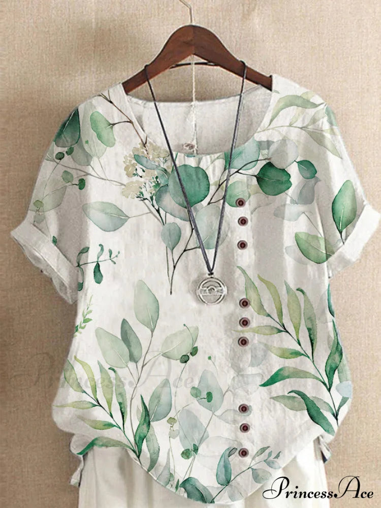 Blouse Casual For Fashion Loose Patterned Short-Sleeved Retro Summer Money Leaves 10 / S Blouses