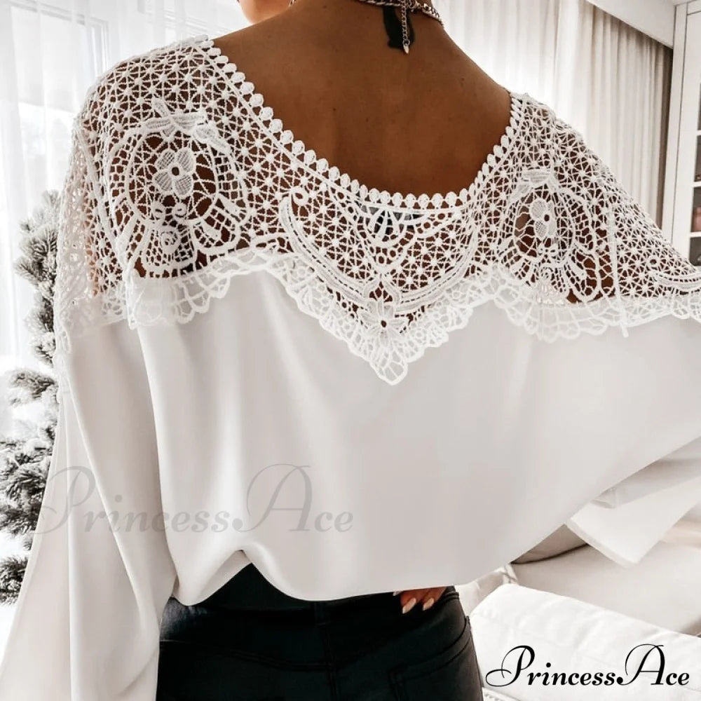 Blouse Embroidery Vintage Lace Elegant Top Women Crochet Autumn White Blusa Ladies 12459