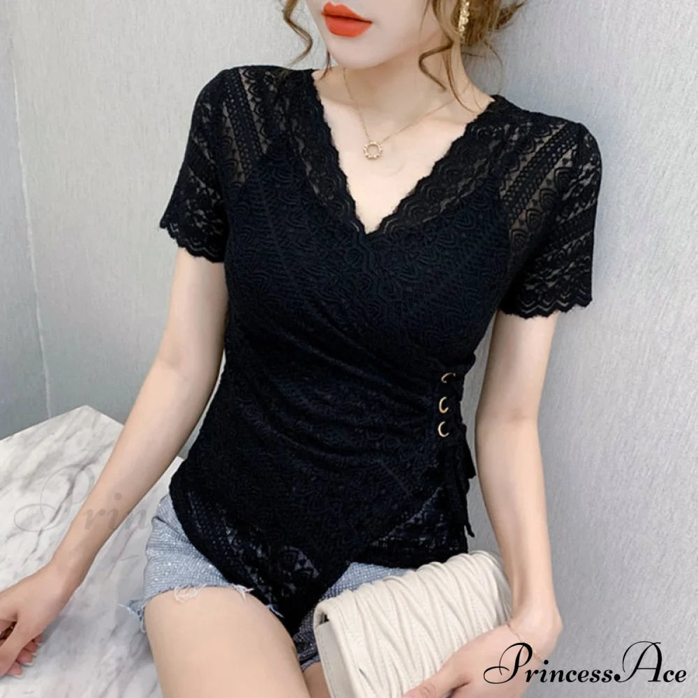 Blouse Lace Hollow Tops Size Out Plus Sexy Warm-Season V-Neck 5Xl Women Arm Brief Blusas Black 6055