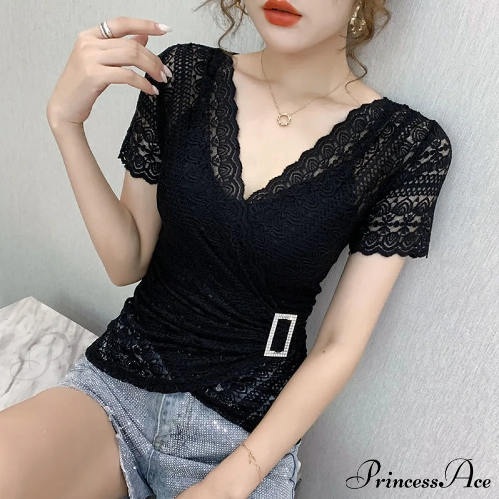 Blouse Lace Hollow Tops Size Out Plus Sexy Warm-Season V-Neck 5Xl Women Arm Brief Blusas Black / M