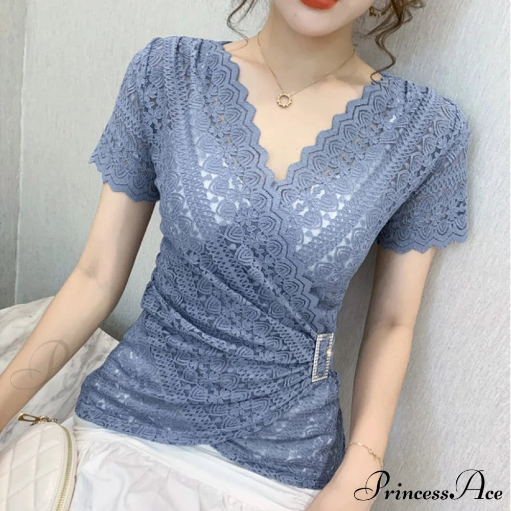 Blouse Lace Hollow Tops Size Out Plus Sexy Warm-Season V-Neck 5Xl Women Arm Brief Blusas Blue / M