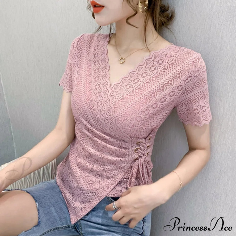 Blouse Lace Hollow Tops Size Out Plus Sexy Warm-Season V-Neck 5Xl Women Arm Brief Blusas Pink 6055