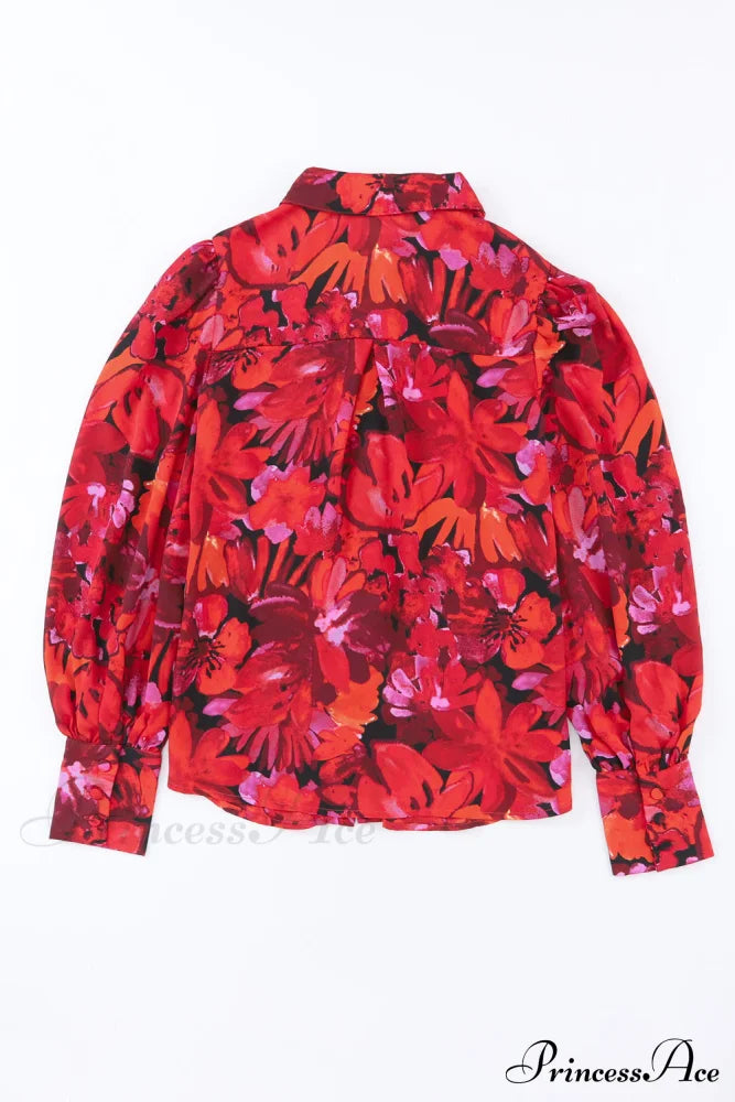 Blouse Lantern Arm Flowered Design In Red Tops