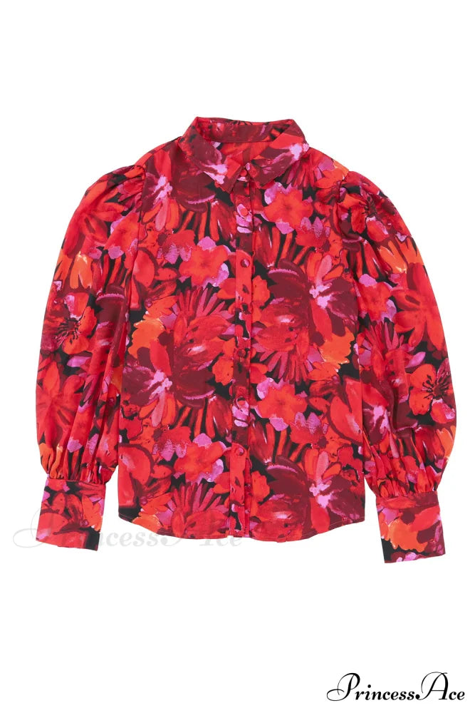 Blouse Lantern Arm Flowered Design In Red Tops