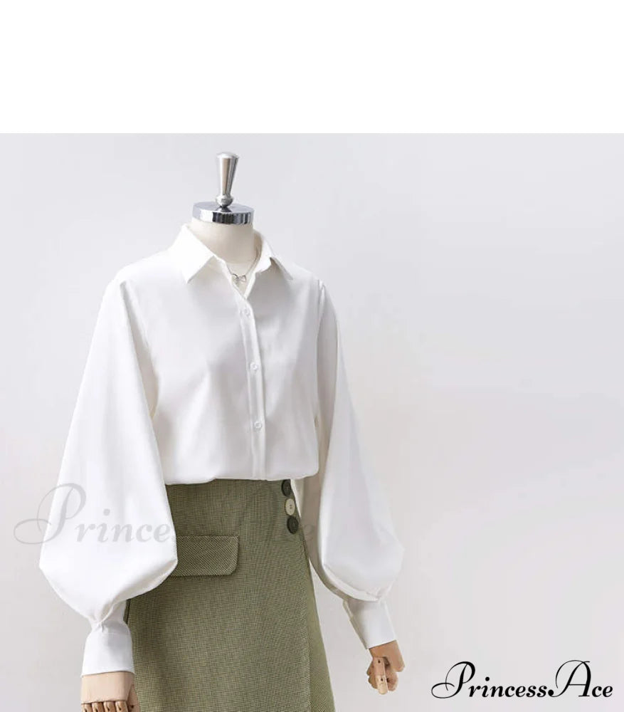 Blouse Lantern Women’s White Sleeves Button Up With Vintage Black