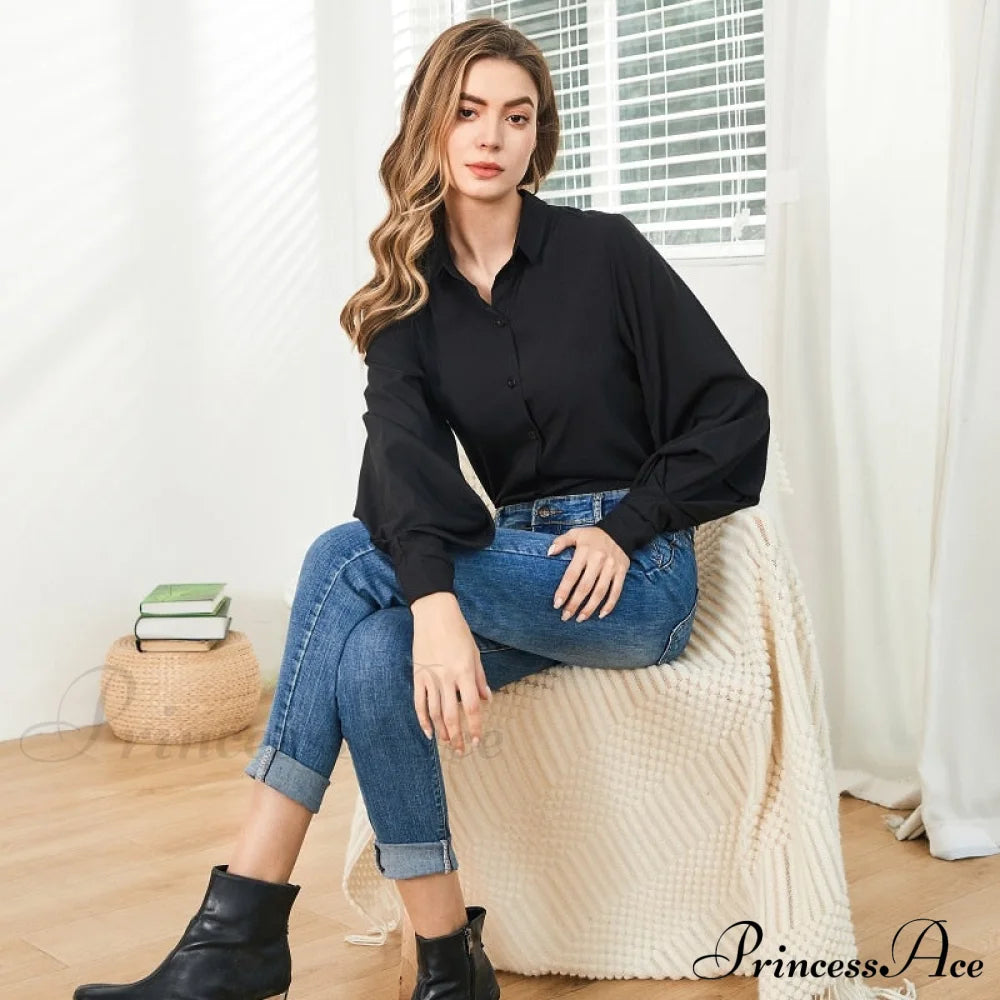 Blouse Lantern Women’s White Sleeves Button Up With Vintage Black