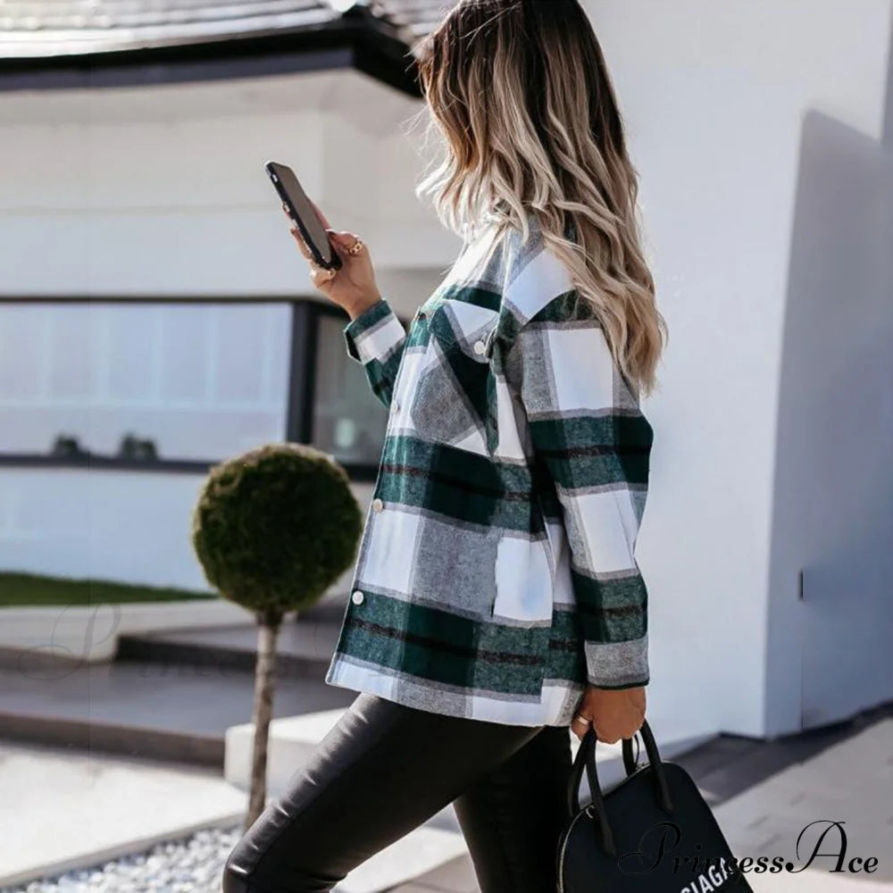 Blouse Long - Button Women’s Up Plaid Arm Collared Black/White