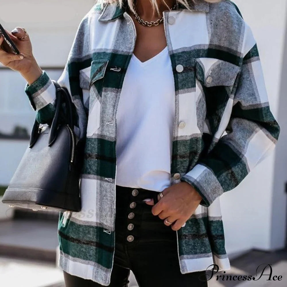 Blouse Long - Button Women’s Up Plaid Arm Collared Black/White
