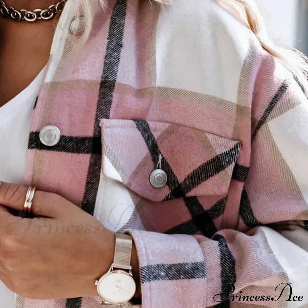 Blouse Long - Button Women’s Up Plaid Arm Collared Black/White